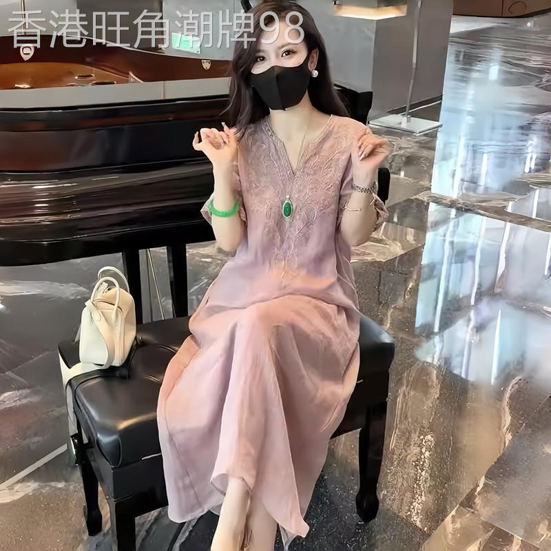 休闲短袖连衣裙女夏季新款时尚高端复古国风刺绣女士V领中长裙子