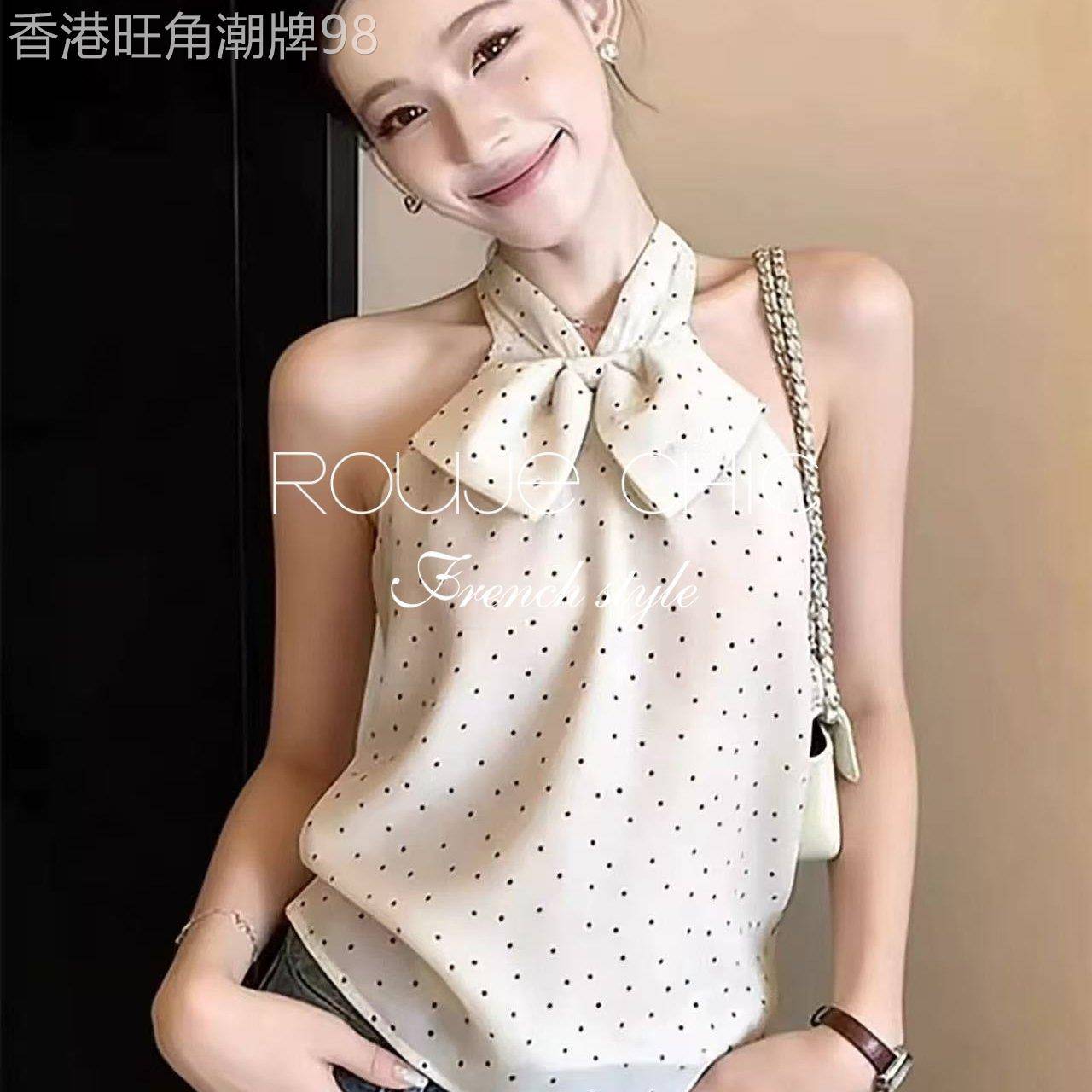 法国rouje chic夏季波点蝴蝶结挂颈无袖上衣法式甜美风吊带背心女