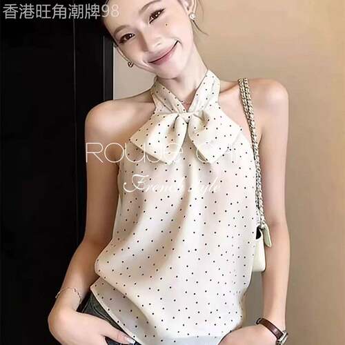 法国rouje chic夏季波点蝴蝶结挂颈无袖上衣法式甜美风吊带背心女