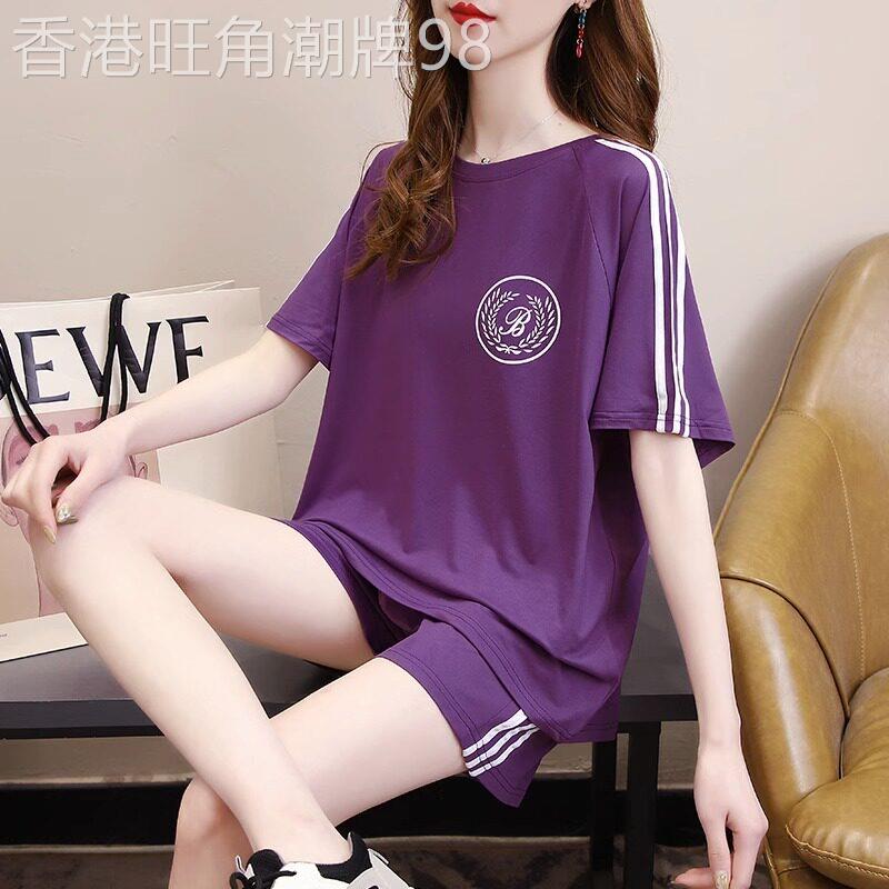 休闲运动套装女夏装2026新款韩版宽松纯棉短袖短裤跑步服两件套潮