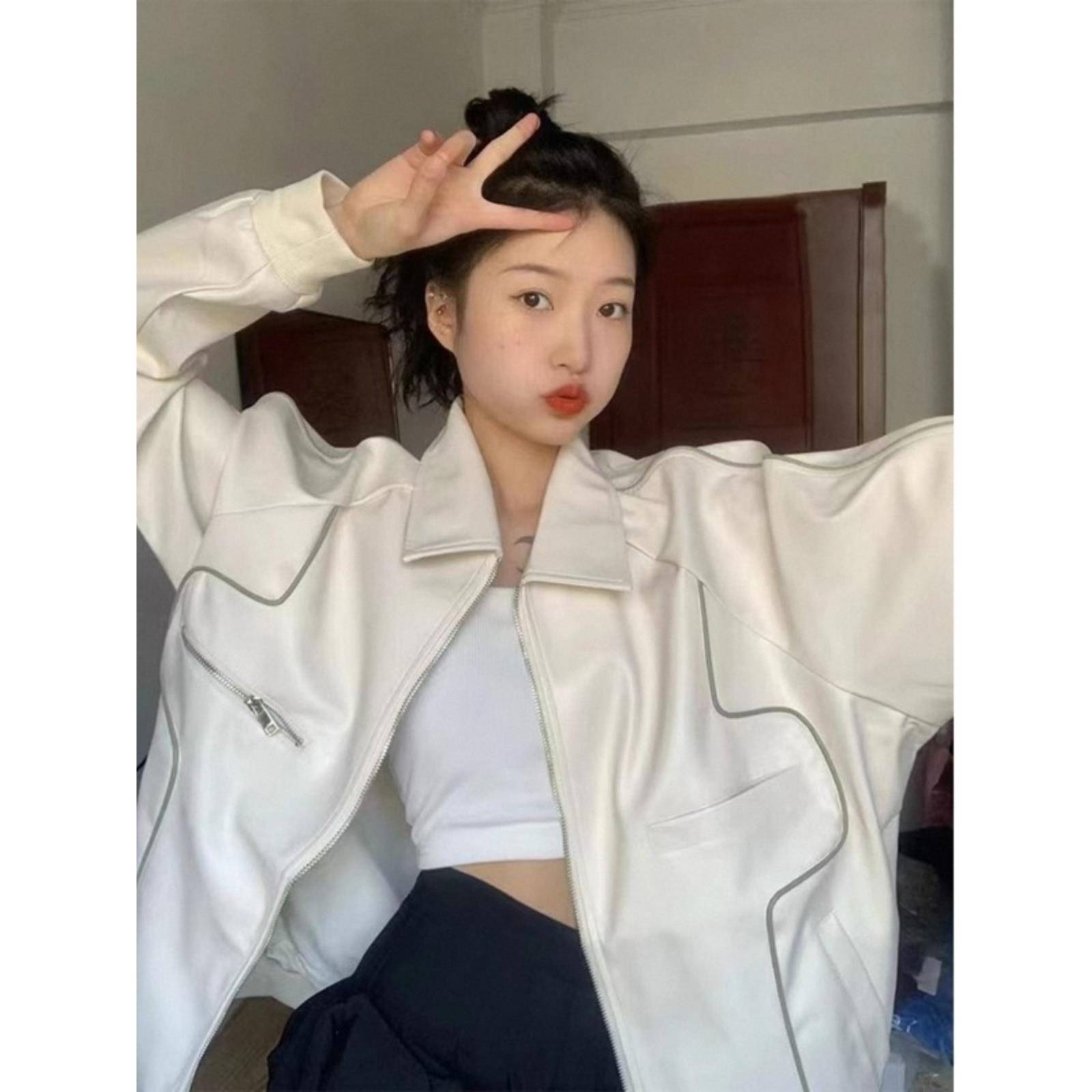 白色美式覆古皮衣外套女秋冬季欧货飞行员夹克夹棉翻领pu皮上衣