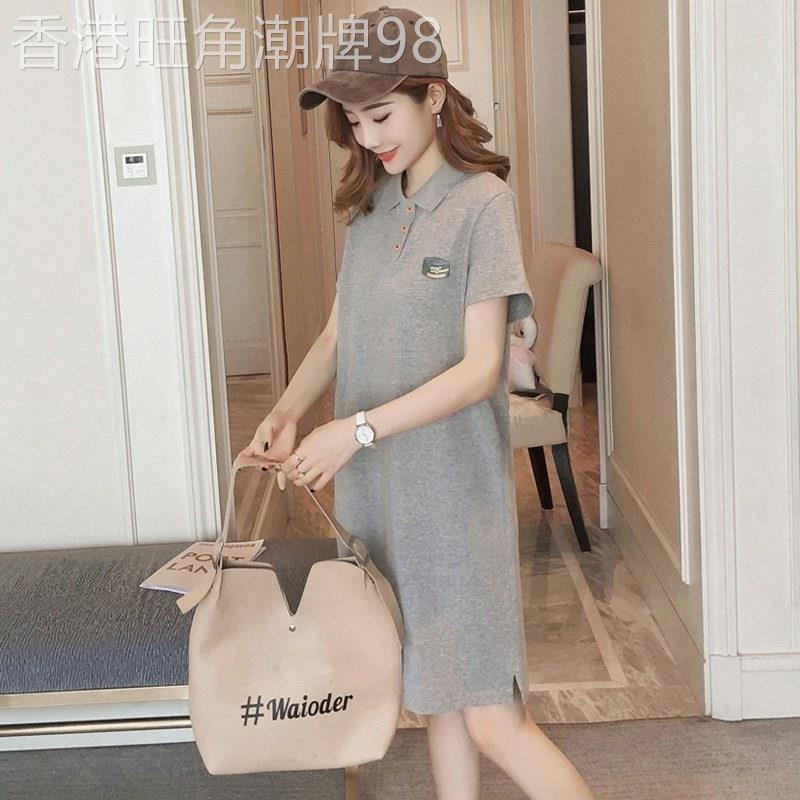 polo连衣裙女夏季欧货宽松休闲中长运动款T恤裙灰色纯棉直筒裙子