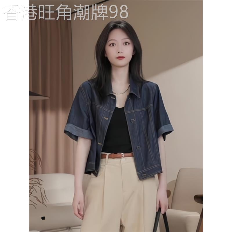 复古牛仔短袖衬衫外套女夏季2025新款设计感别致宽松百搭夹克上衣