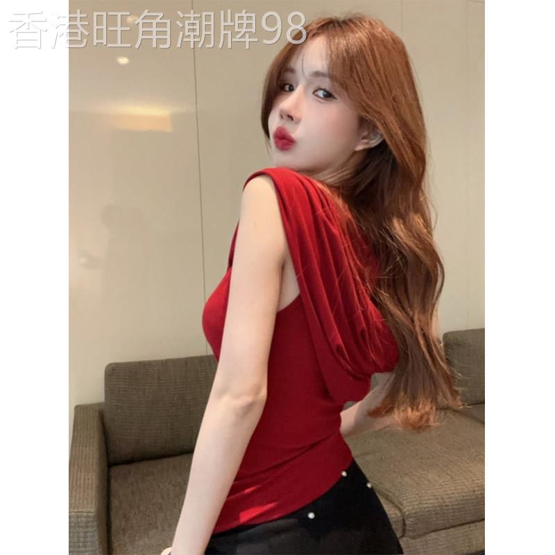 红色连帽吊带背心女士夏季欧货性感辣妹修身显瘦外穿短款无袖上衣