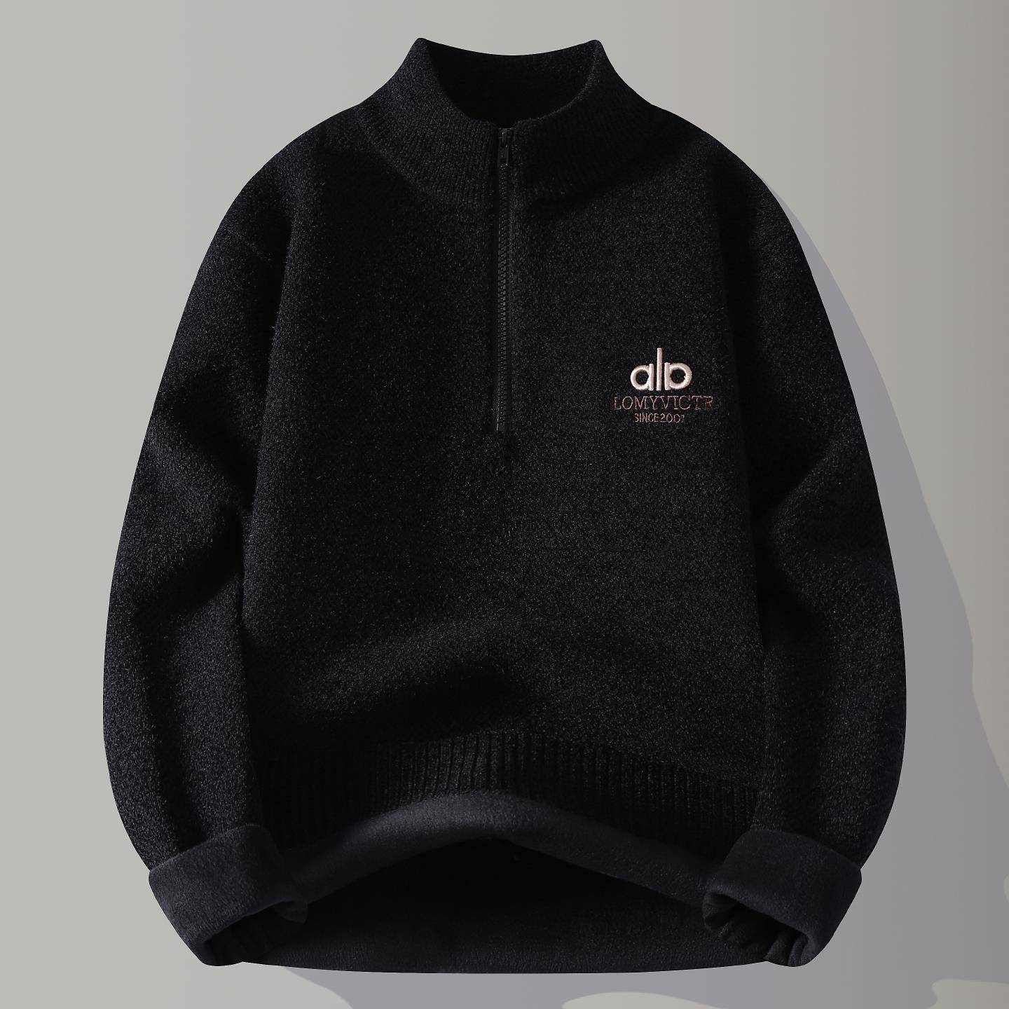 潮牌韩版极简风拉链毛衣男冬季保暖加厚针织衫加绒半高领内搭打底