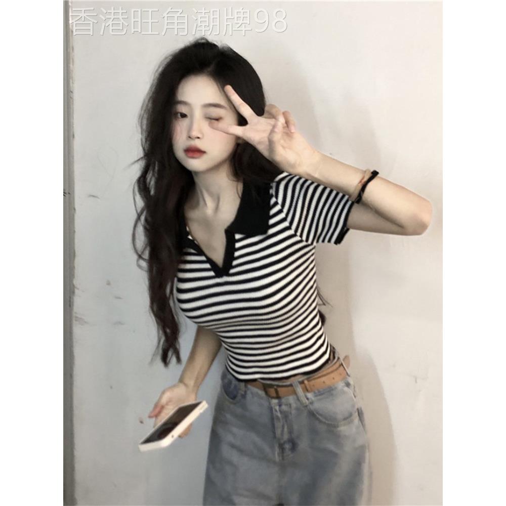 V领条纹短袖T恤女夏季修身显瘦正肩翻领T恤紧身短款辣妹polo上衣