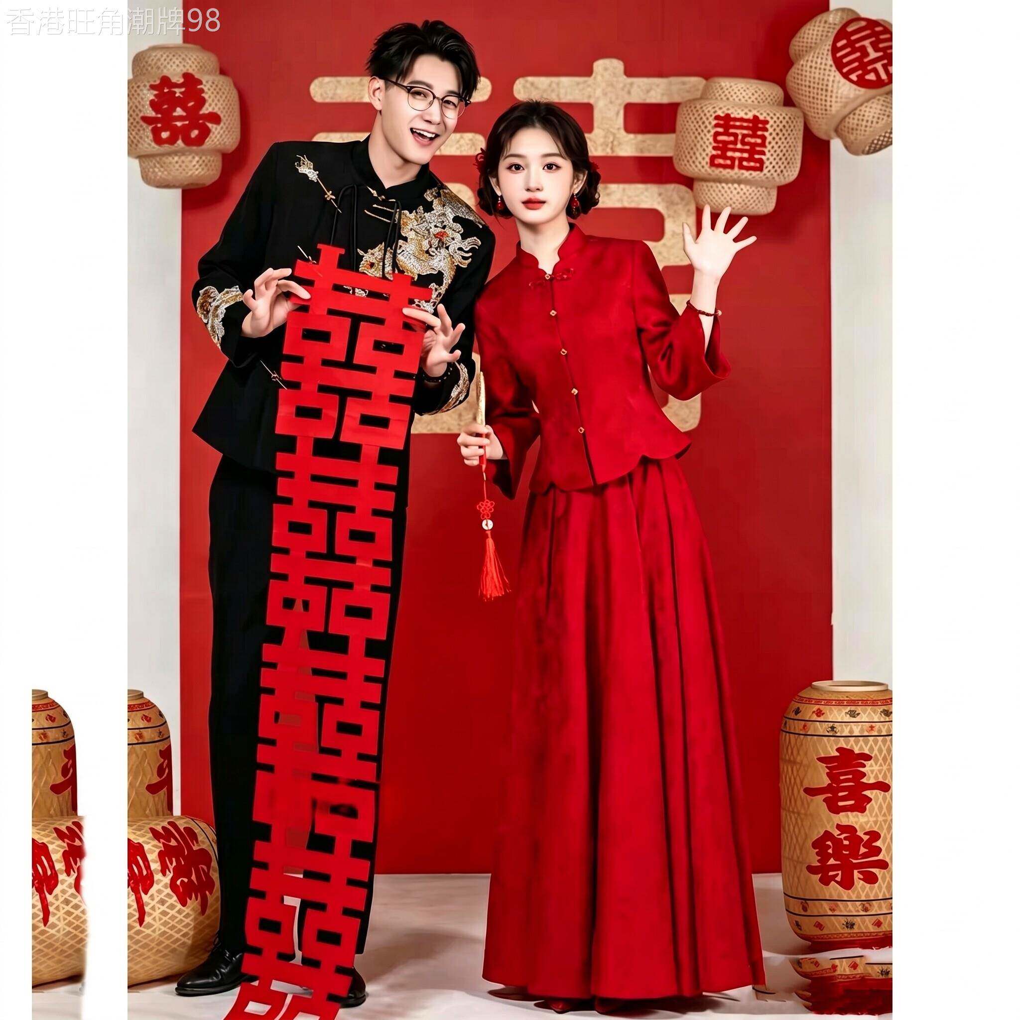 轻奢高档新中式旗袍红色敬酒服女秋冬胖mm遮孕肚新娘订婚结婚礼服