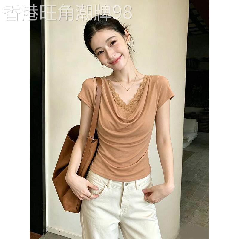 蕾丝拼接垂折领短袖t恤女夏季薄款气质复古小众修身显瘦设计感上