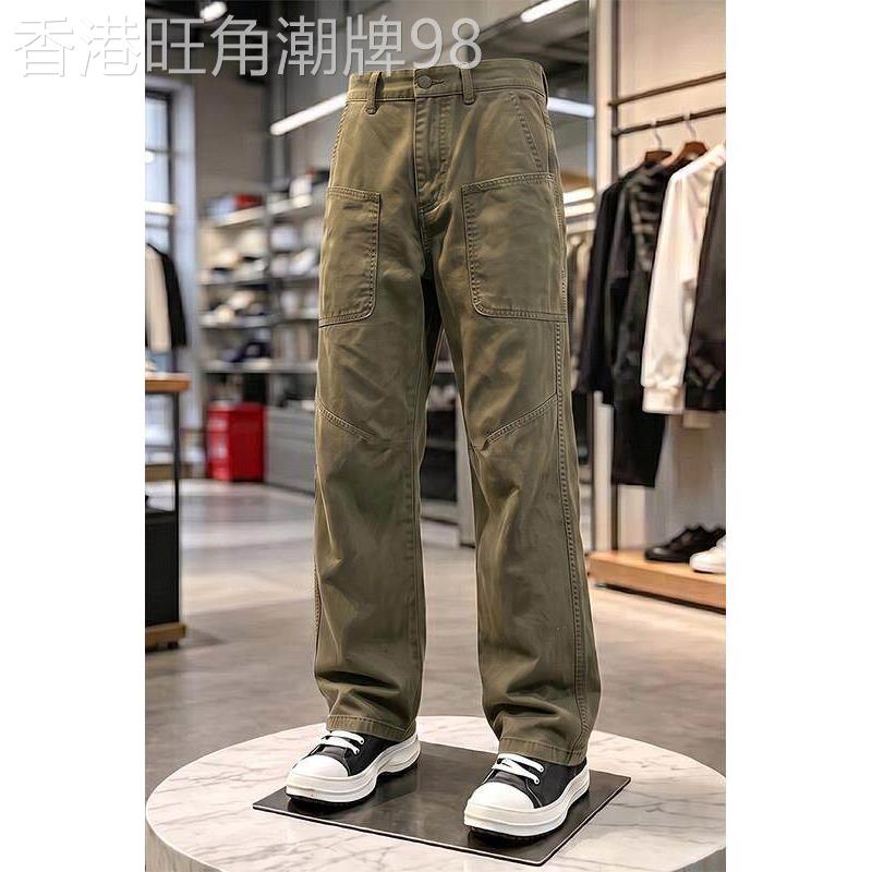 潮牌阔腿裤高级感休闲裤男夏季薄款斜切军绿色伞兵美式直筒工装裤