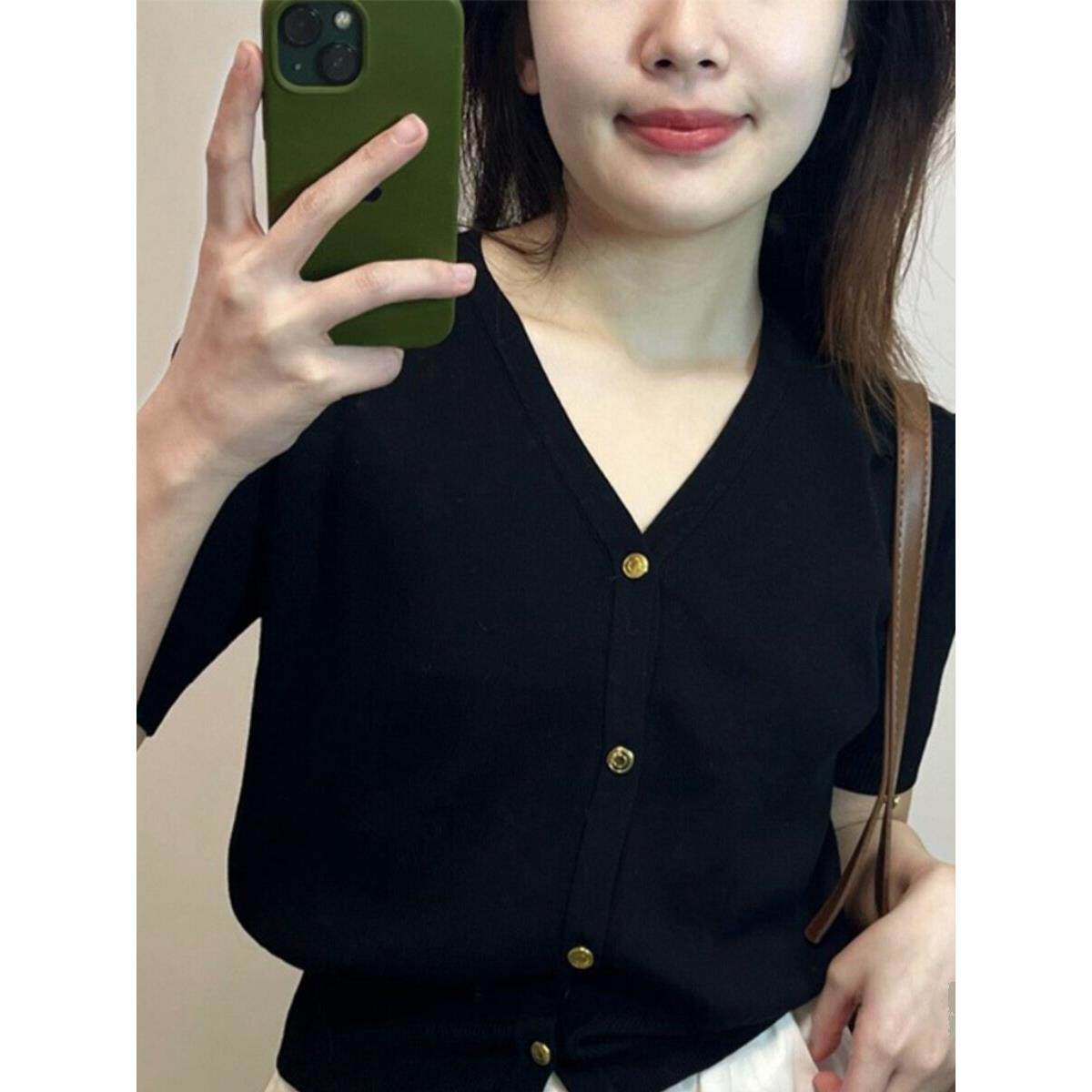 黑色针织开衫外套女士上衣高级感夏季穿搭冰丝短款T恤v领短袖小衫