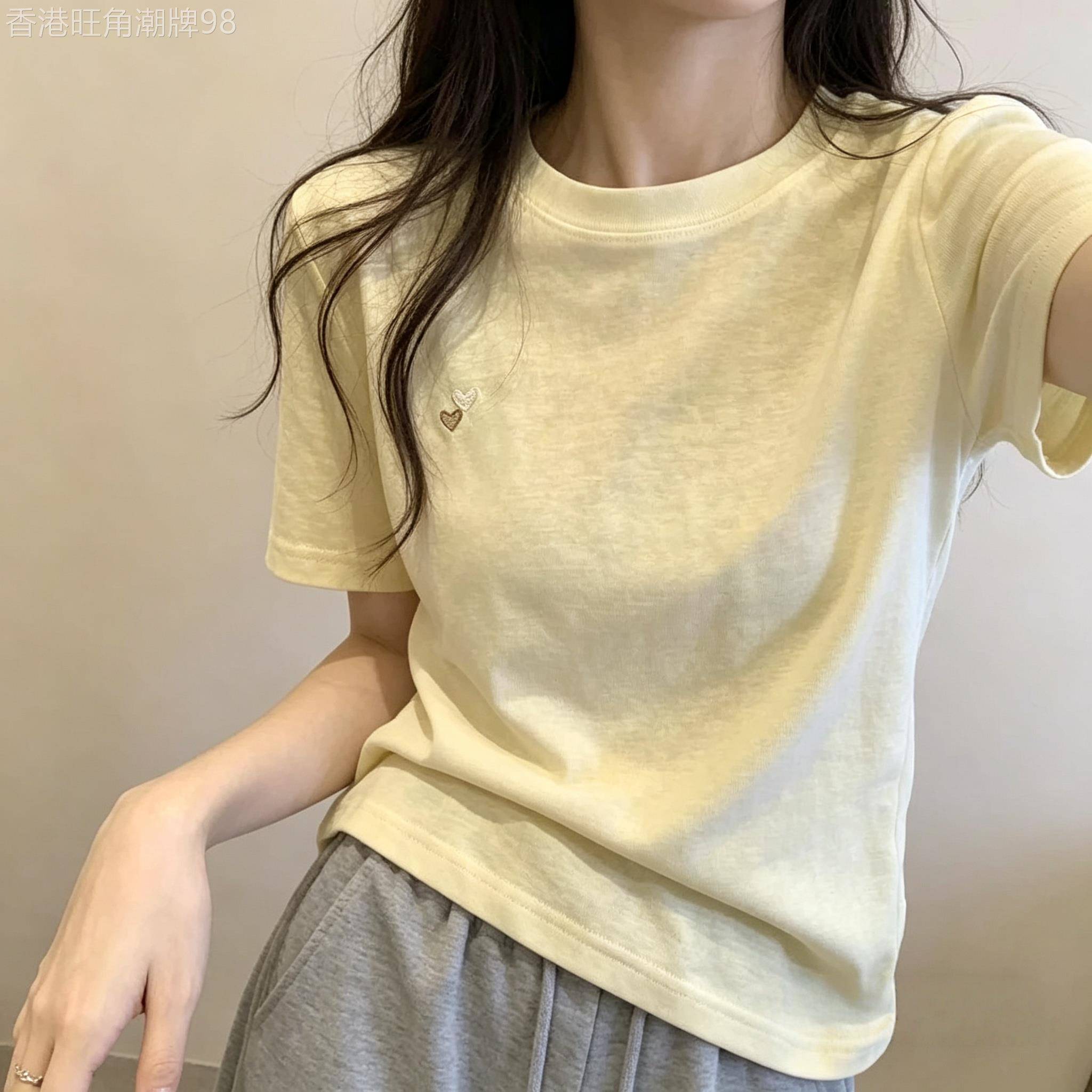 黄色刺绣短袖T恤女宽松2026夏季新款时尚百搭正肩圆领休闲上衣潮