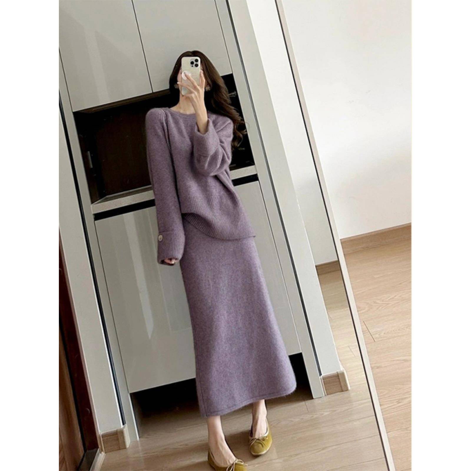 欧洲站穿搭一整套名媛小洋装2025紫色洋气减龄针织毛衣连衣裙套装