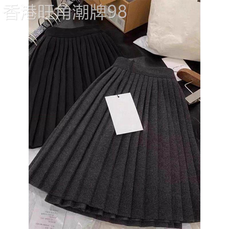深灰色针织百褶半身裙女秋冬欧货学院风高腰显瘦松紧腰毛呢短裙
