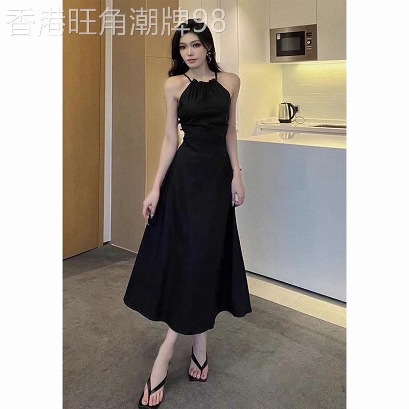 纯欲性感露腰挂脖吊带洋装女夏季高级感气质显瘦赫本风黑色长裙