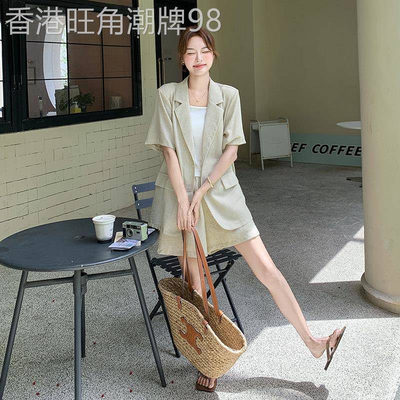 杏色薄款休闲西服套装女夏季2026新款韩系气质通勤西装短裤两件套