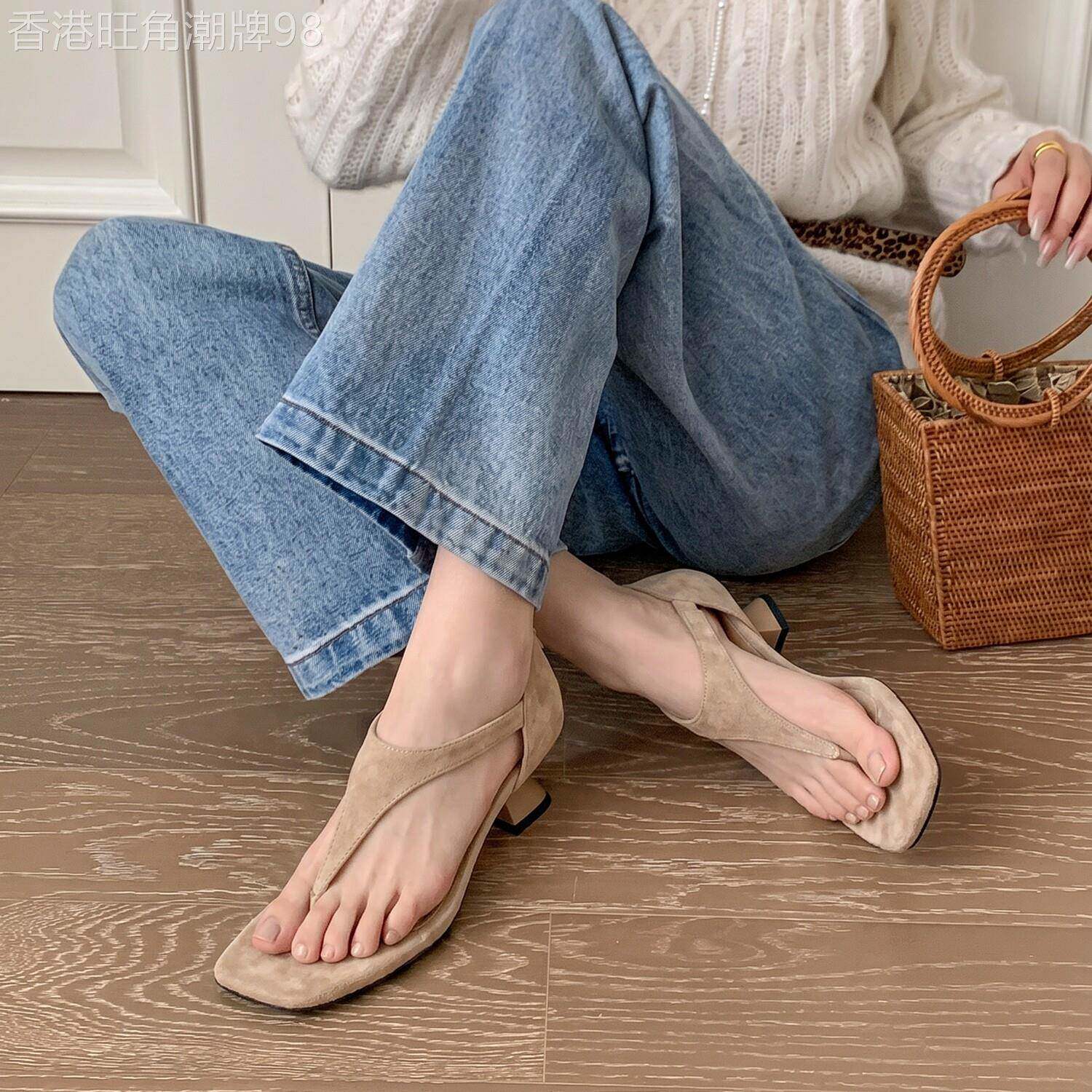 多面人生！韩系极简夹趾人字拖露趾方头异形高跟凉拖鞋低跟不累脚