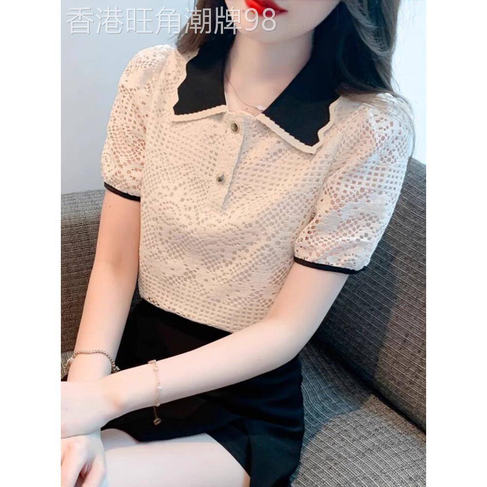独特的法式别致美丽风格宽松剪裁Polo领蕾丝衬衫短袖上衣女士夏季