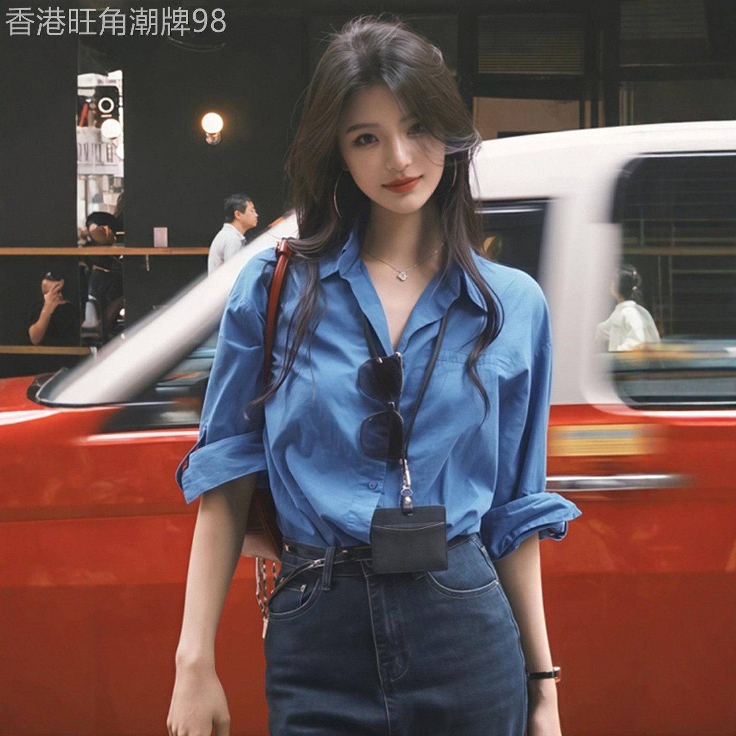 港风复古蓝色长袖衬衫女春季新款高级感polo翻领衬衫宽松气质上衣