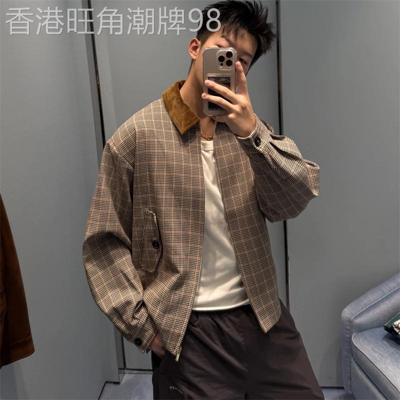 轻奢老钱风千鸟格纹外套男款2026春秋薄款美式翻领撞色哈灵顿夹克