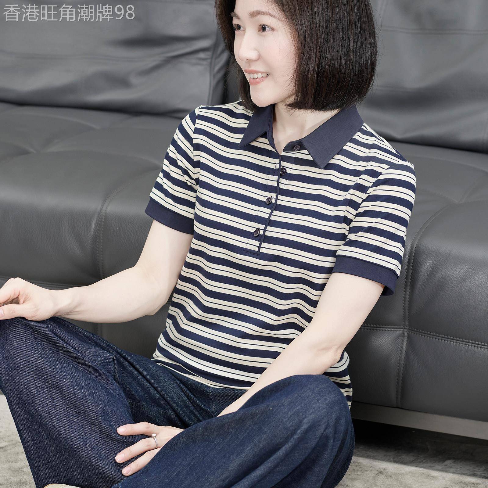 中年妈妈2026夏季新款大码宽松短袖t恤女纯棉条纹POLO衫上衣薄款