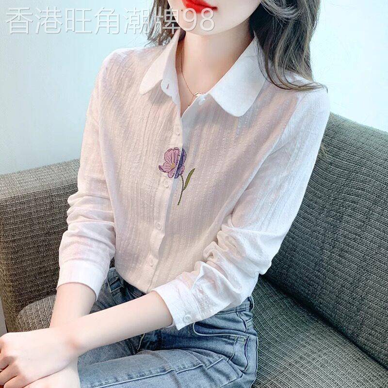 纯棉刺绣长袖衬衫女春夏装2026年新款宽松百搭遮肚子衬衣全棉上衣