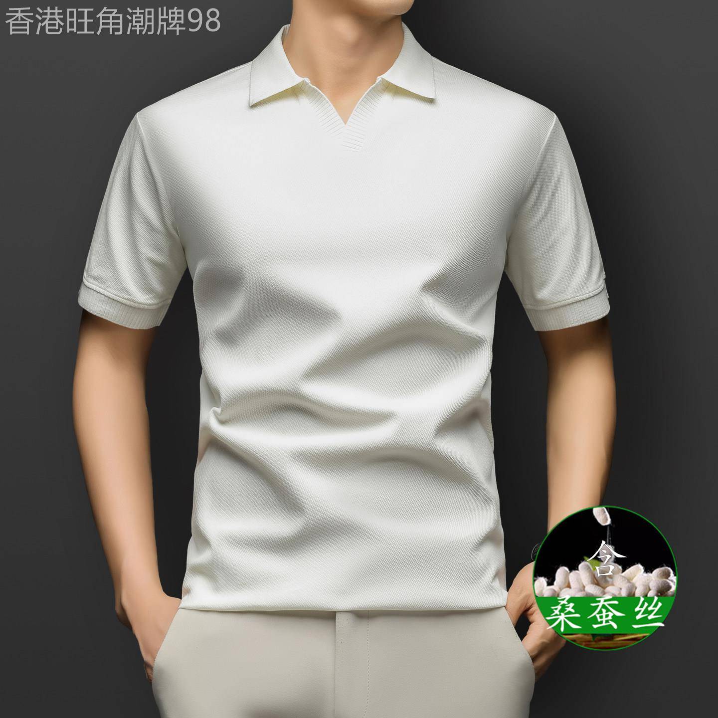 （含桑蚕丝）短袖男士夏季小V领小菠萝纹凉感透气翻领休闲纯色T恤