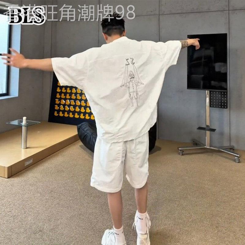 高端蝙蝠袖休闲套装男士夏季2026新款拼接速干短袖T恤短裤两件套