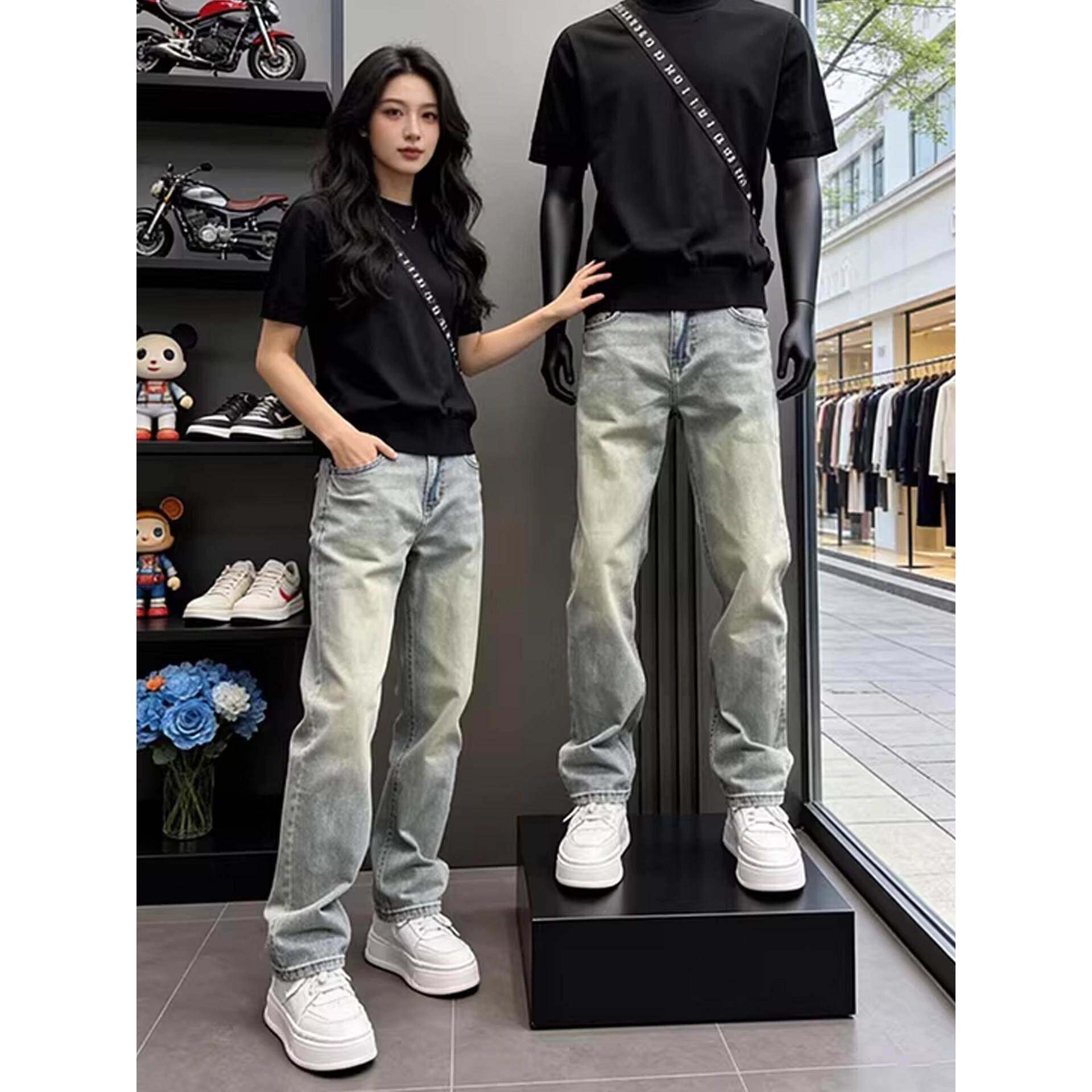 潮牌美式浅蓝色水洗修身牛仔裤男士春季百搭显瘦窄版时尚直筒长裤