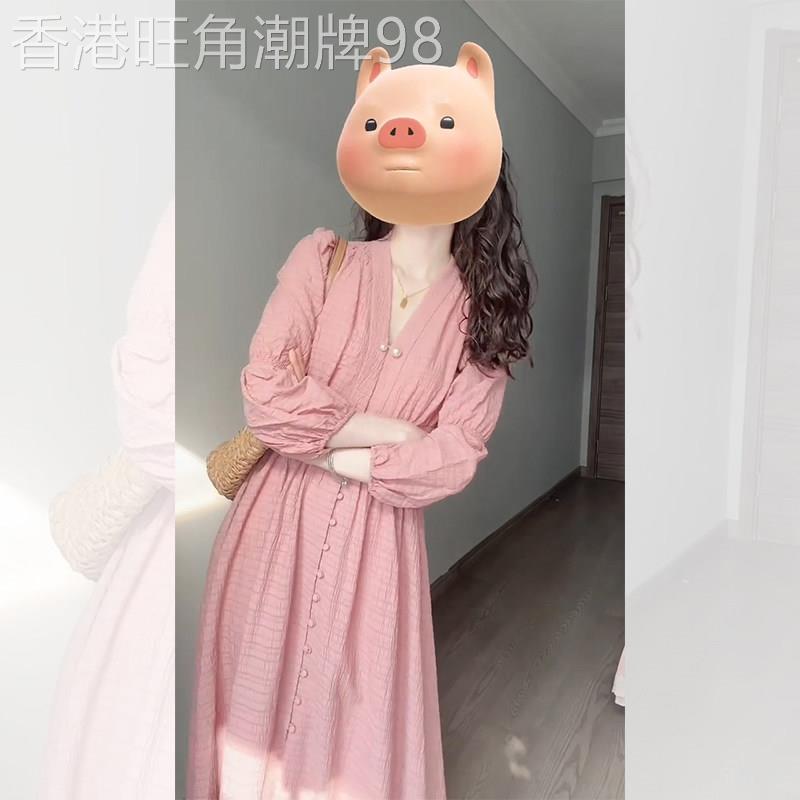法式茶歇粉色泡泡袖V领连衣裙女2025早秋新款温柔风长袖收腰裙子
