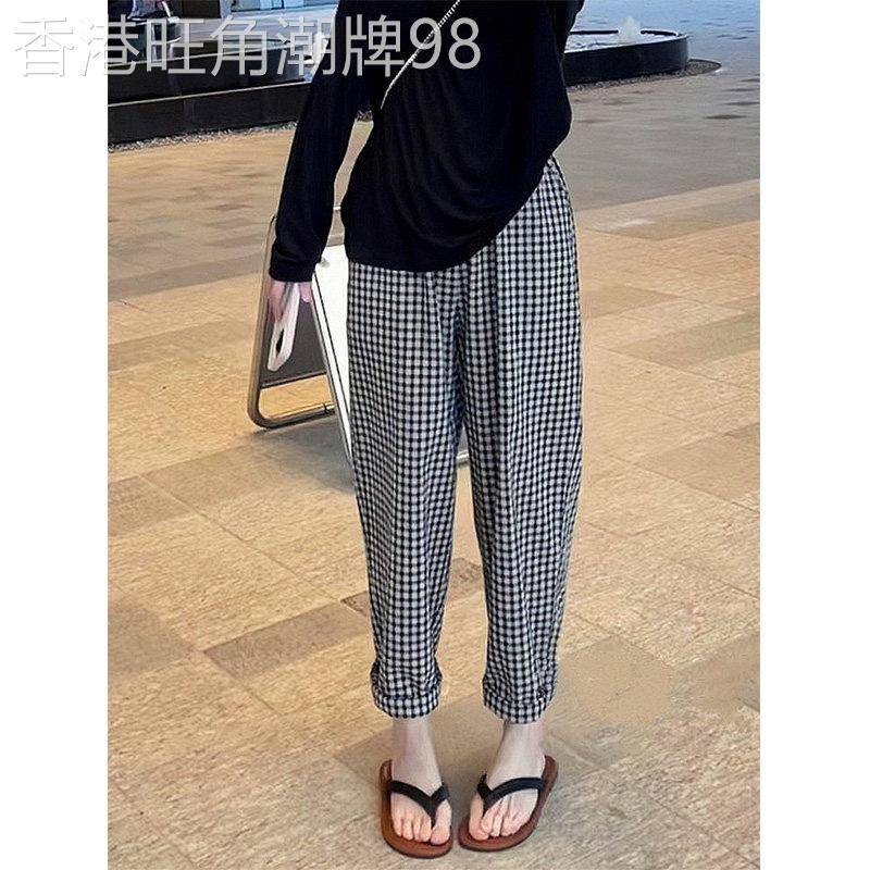 棉麻格子裤女春夏薄款高腰显瘦宽松小个子百搭九分休闲哈伦阔腿裤