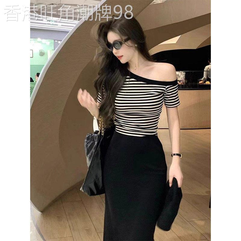 黑白条纹斜肩短袖T恤女夏季欧洲站2025新款修身辣妹露肩短款上衣