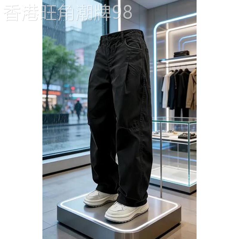 潮牌美式cleanfit纯黑色褶皱直筒裤男春季工装宽松运动弯刀休闲裤