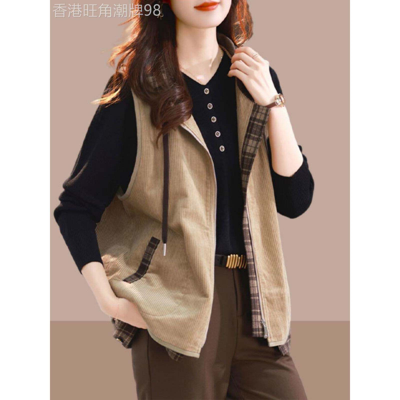 灯芯绒马甲外套女士春秋季欧货大码胖mm拼接马夹外穿短款无袖背心