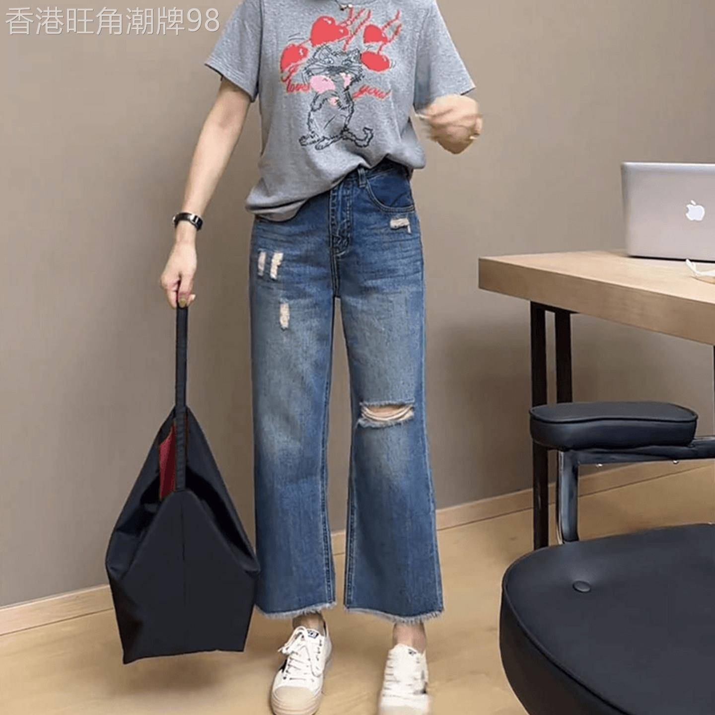 破洞毛边牛仔裤女夏季薄款2026新款高腰直筒大尺码显瘦小个子烟管
