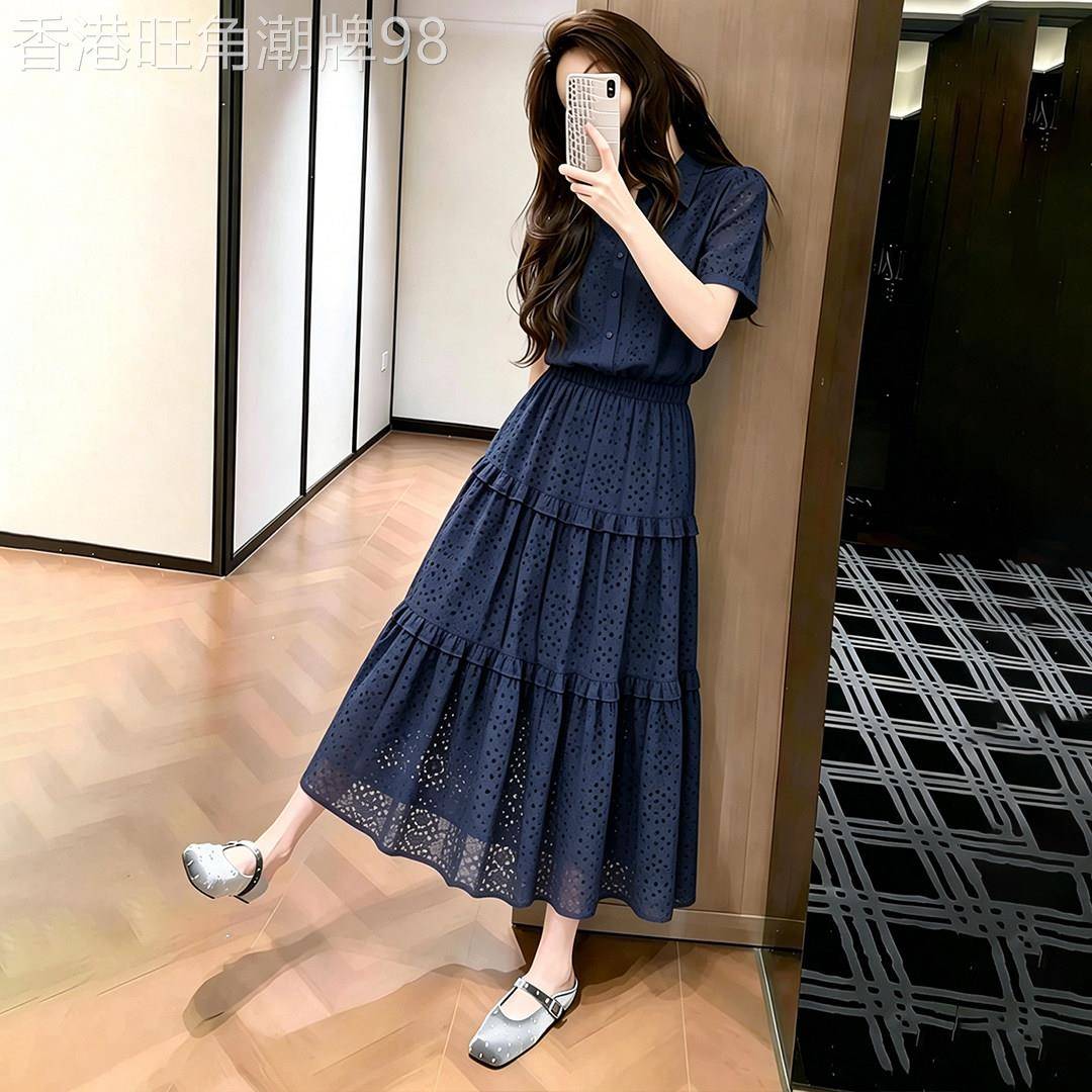 法式蓝色镂空衬衫式洋装女2026夏季新款设计感小众别致收腰长裙子