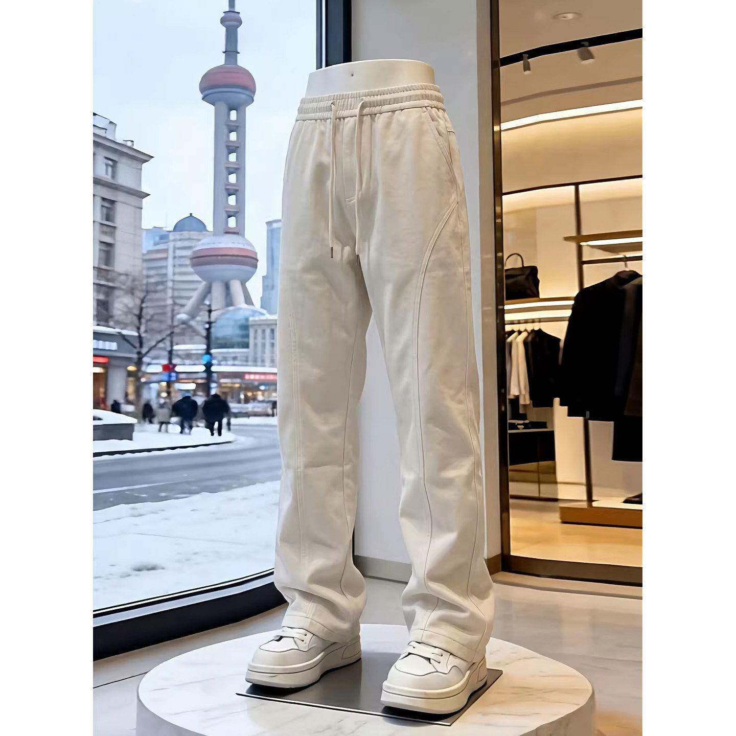 潮牌美式冰丝防风薄款速干直筒裤男士夏季斜切运动休闲软壳冲锋裤