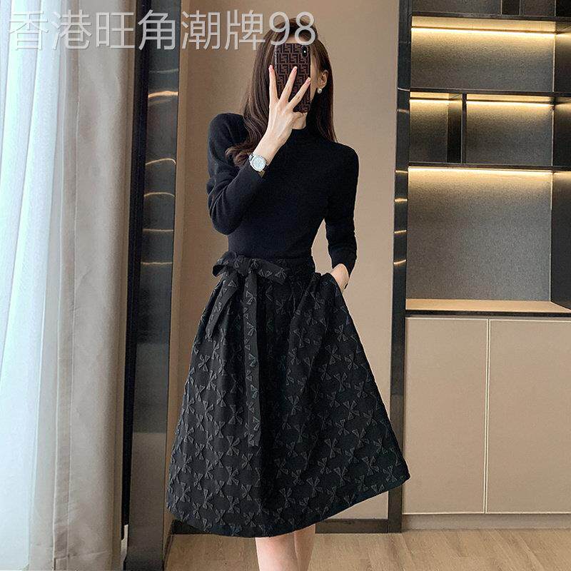 日系2026年新款春秋气质女神范名媛改良旗袍黑色高腰针织洋装女