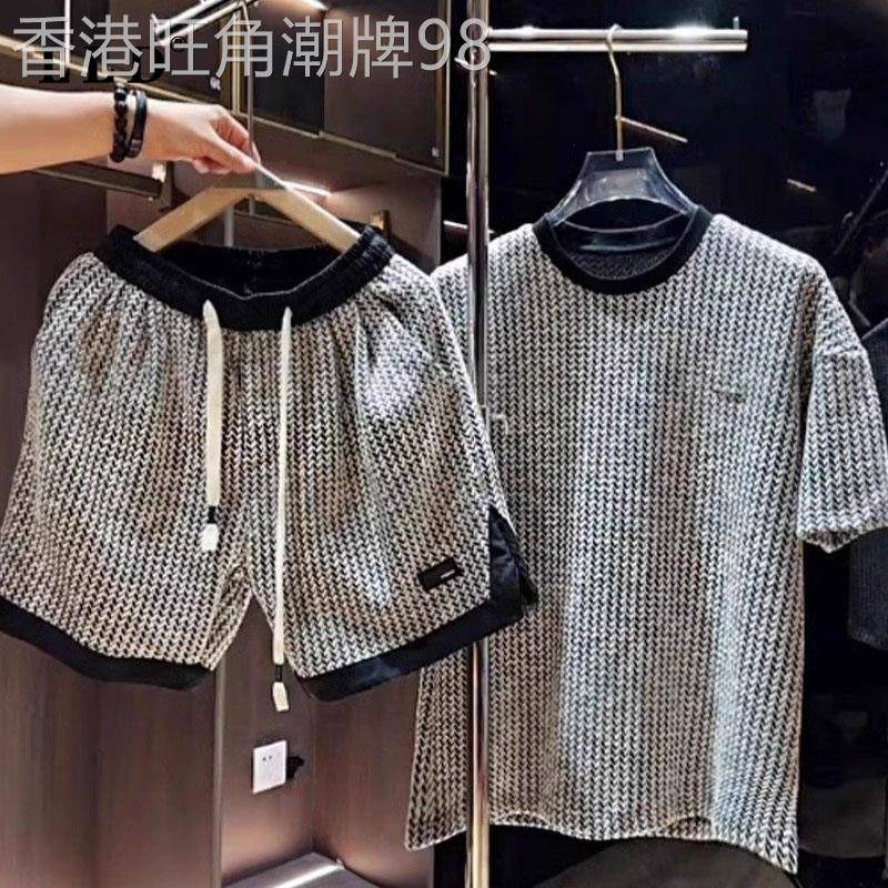 潮牌休闲运动套装男士夏季黑白磷条纹印花宽松短袖T恤短裤两件套