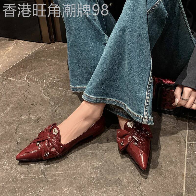 心形糖露~ 通勤气质蝴蝶结浅口单鞋铆钉尖头真皮工作低跟女鞋春季