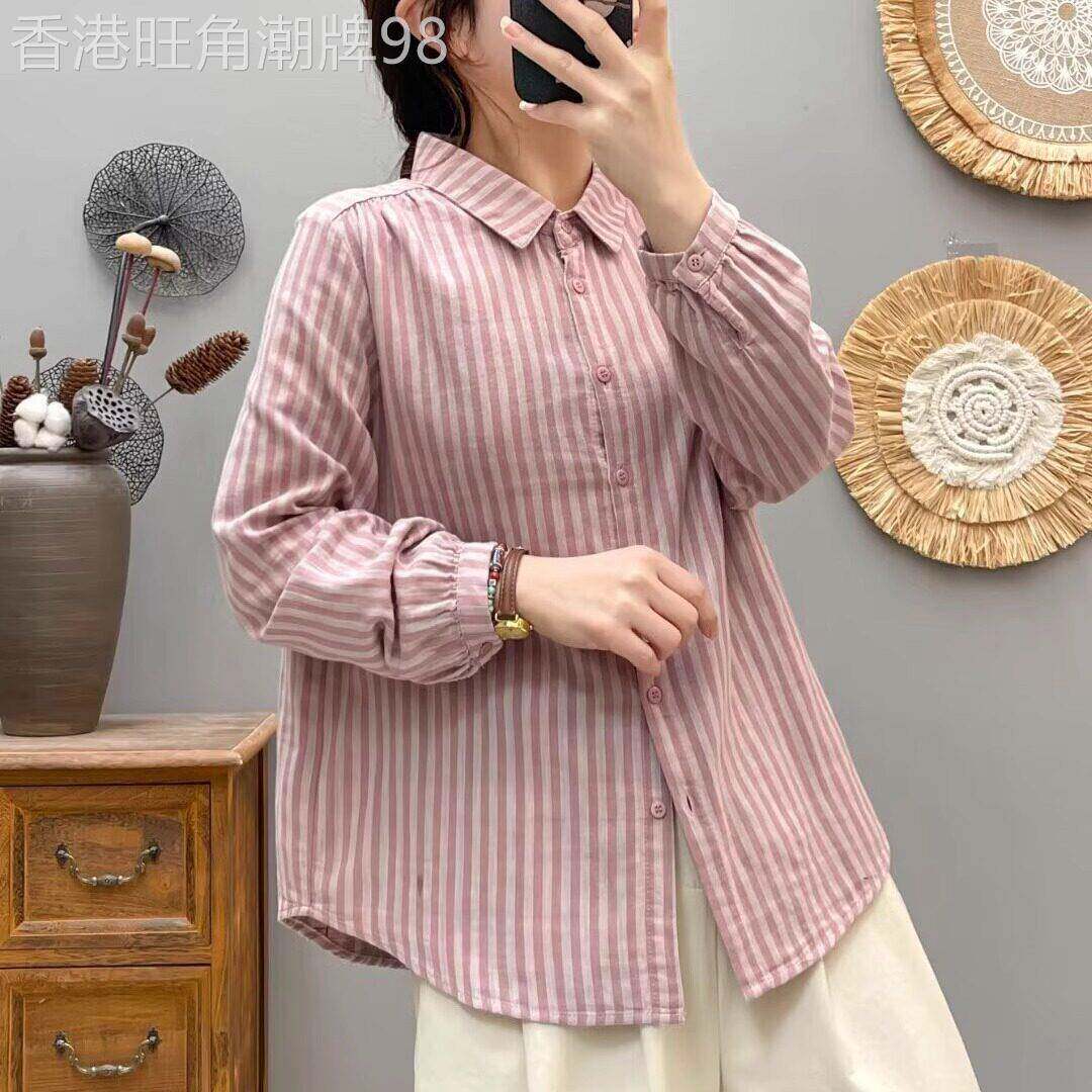 休闲翻领长袖衬衫女春秋新款双层棉纱女士POLO领复古条纹衬衣上衣
