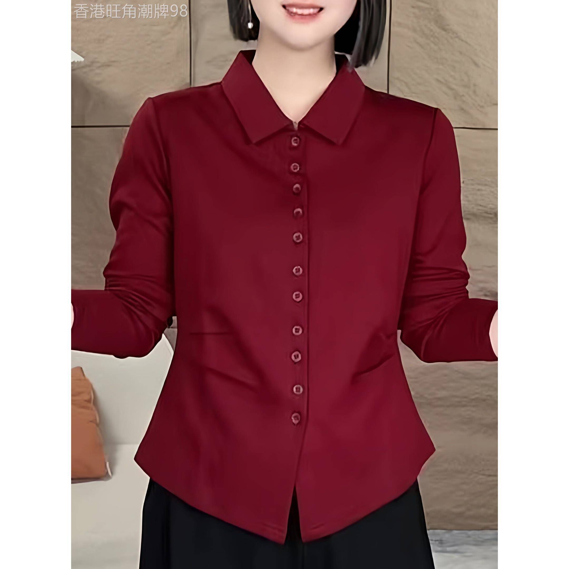 韩国2025秋季妈妈装长袖翻领衬衫女纯色休闲收腰打底气质显瘦开衫