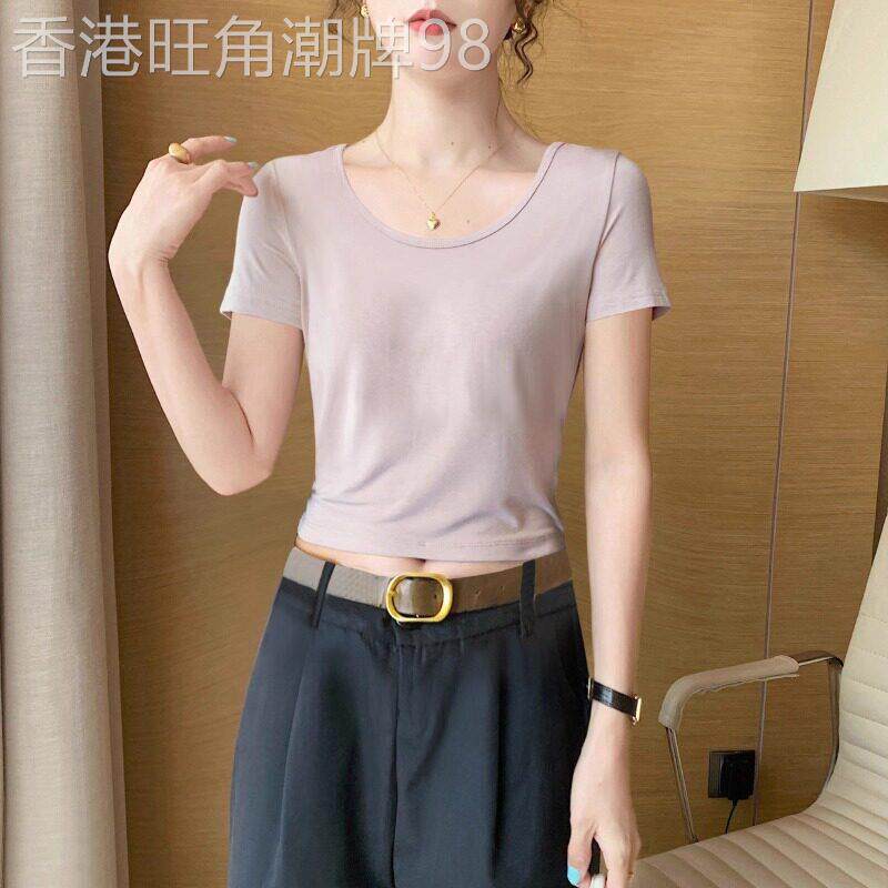 粉色短款莫代尔短袖t恤女夏季2026新款高腰露脐冰丝薄款收腰上衣