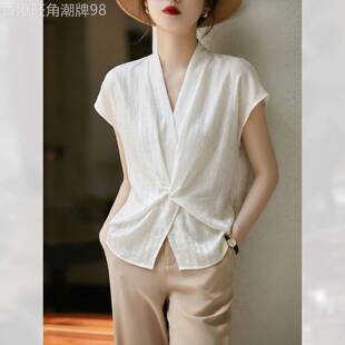 显瘦法式V领扭结短袖衬衫女装夏季2026年新款超好看绝美上衣洋气