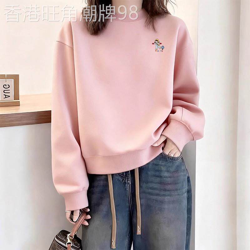 纯棉粉色圆领卫衣女2026年新款春秋季加绒加厚宽松慵懒风套头上衣