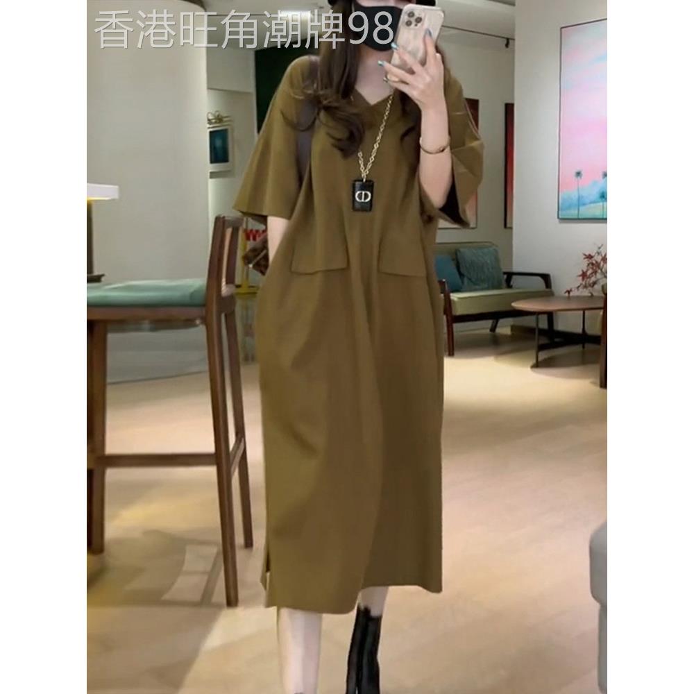 女式大码连衣裙2025春夏新款宽松修身Look覆盖腹部优雅百搭中长半