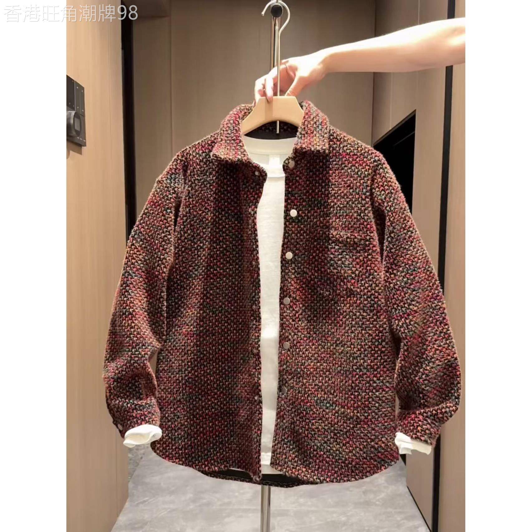 香港潮牌春秋季翻领编织格子外套男士韩版宽松情侣休闲燕尾衬衫夹