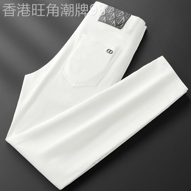 意大利高端莱赛尔白色牛仔裤男三防夏季修身小脚弹力休闲潮流长裤