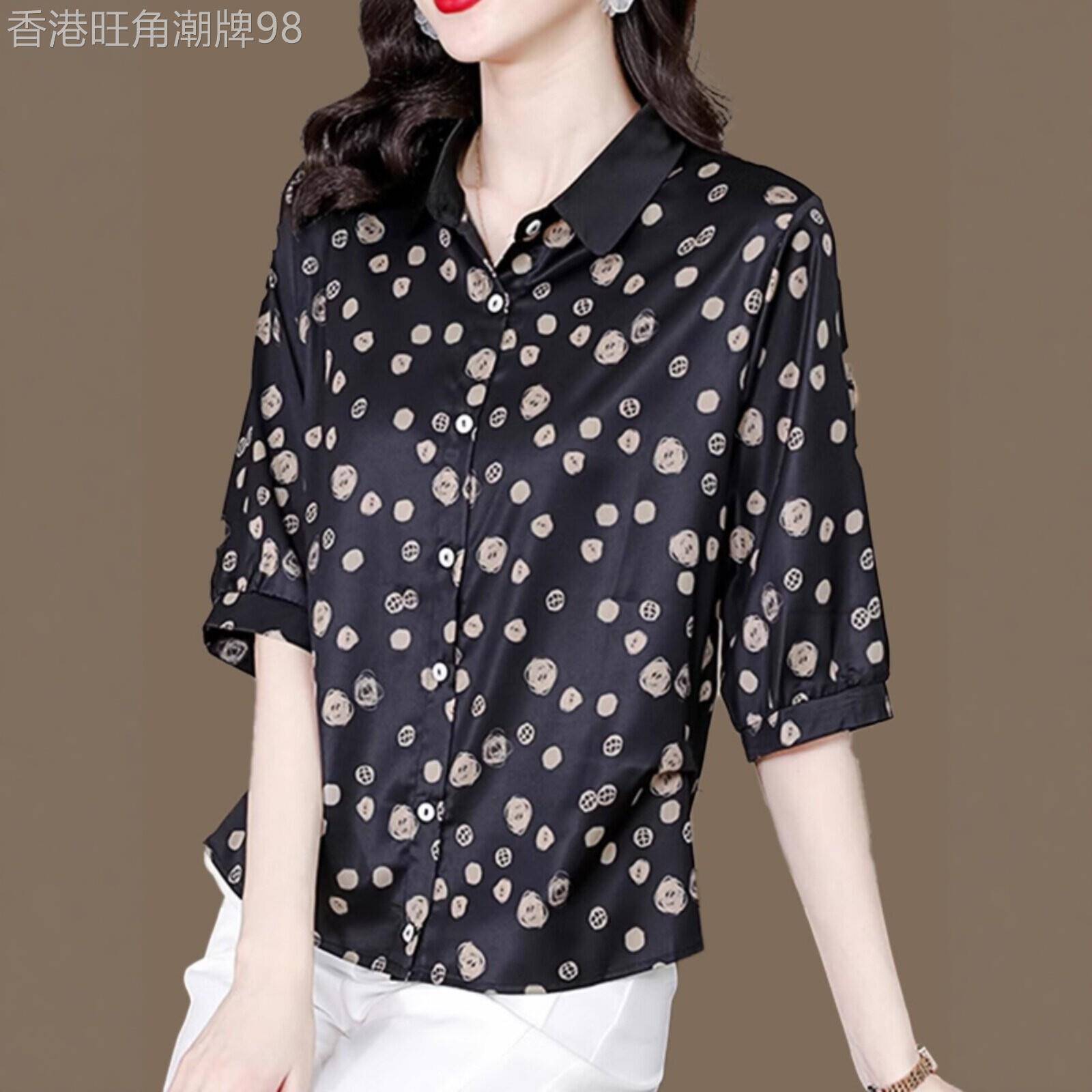 真丝衬衫圆点印花中袖上衣2026夏装妈妈新款大码缎面桑蚕丝衬衣女