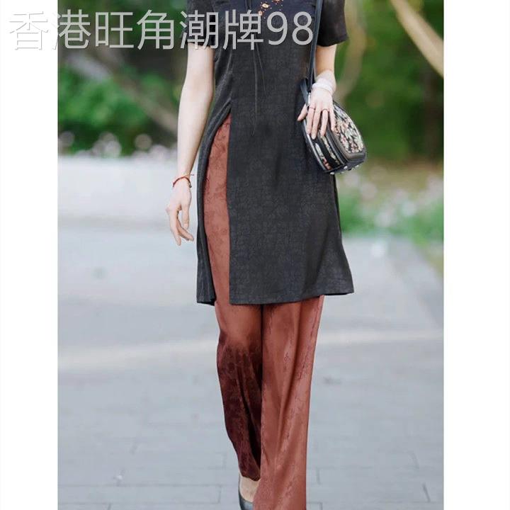 香港复古风刺绣中长款上衣阔腿裤提花套装女夏修身休闲妈妈两件套