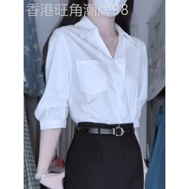 夏季白色V领短袖纯色女式衬衫欧式新款高端平易奢华别致工作服百